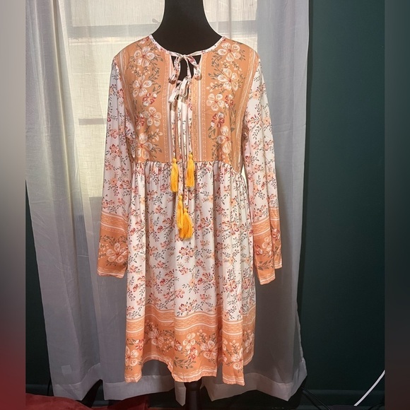 Women Orange Floral Bohemian Style Short Dress Size M - Picture 1 of 4